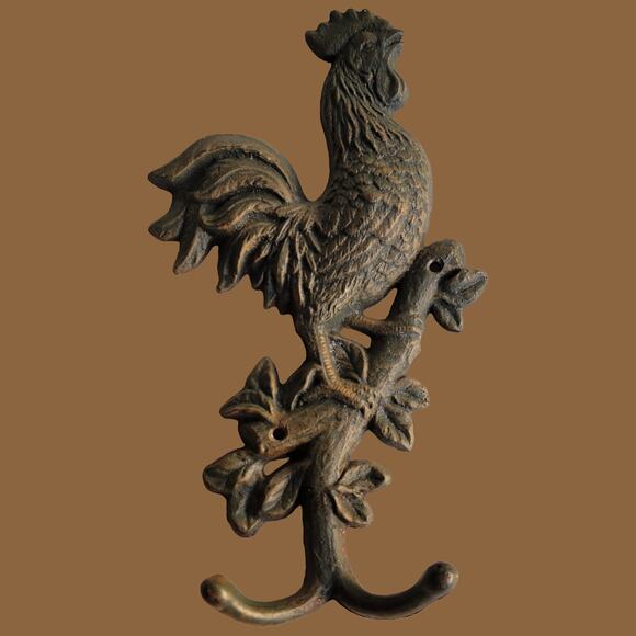 Vintage 1990s Farmhouse Style Cast Iron Rooster Double Wall Hook - Picture 1 of 5